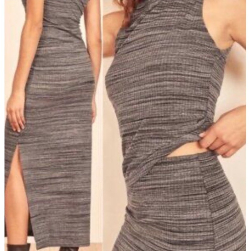 REFORMATION Iris Gray Black Ribbed Pull‎ On Knit Midi Skirt XL